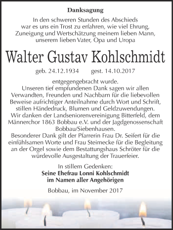Traueranzeige von Walter Gustav Kohlschmidt von WVG - Wochenspiegel Bitterfeld