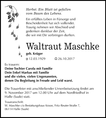 Traueranzeige von Waltraut Maschke von Mitteldeutsche Zeitung