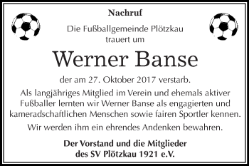 Traueranzeige von Werner Banse von Super Sonntag Bernburg