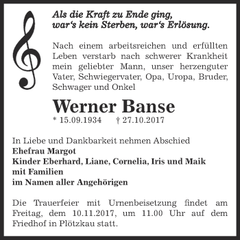 Traueranzeige von Werner Banse von Super Sonntag Bernburg