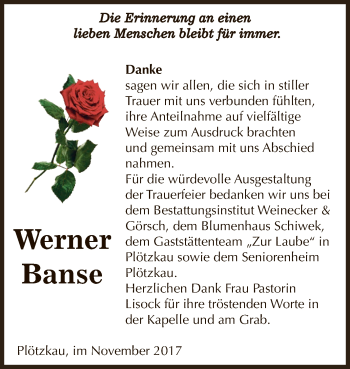 Traueranzeige von Werner Banse von Super Sonntag Bernburg