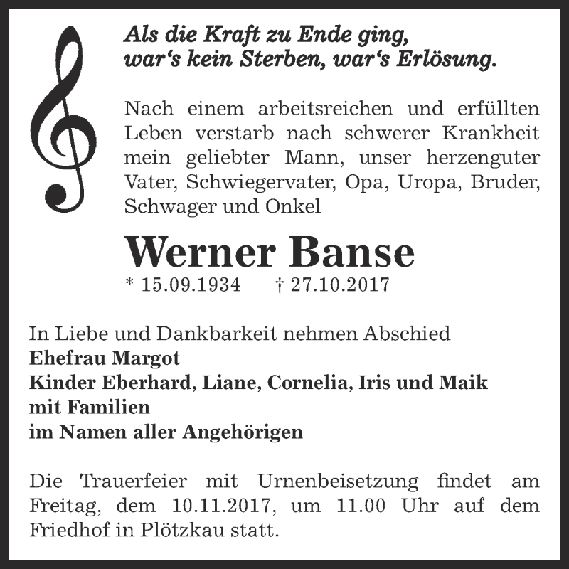  Traueranzeige für Werner Banse vom 04.11.2017 aus Super Sonntag Bernburg
