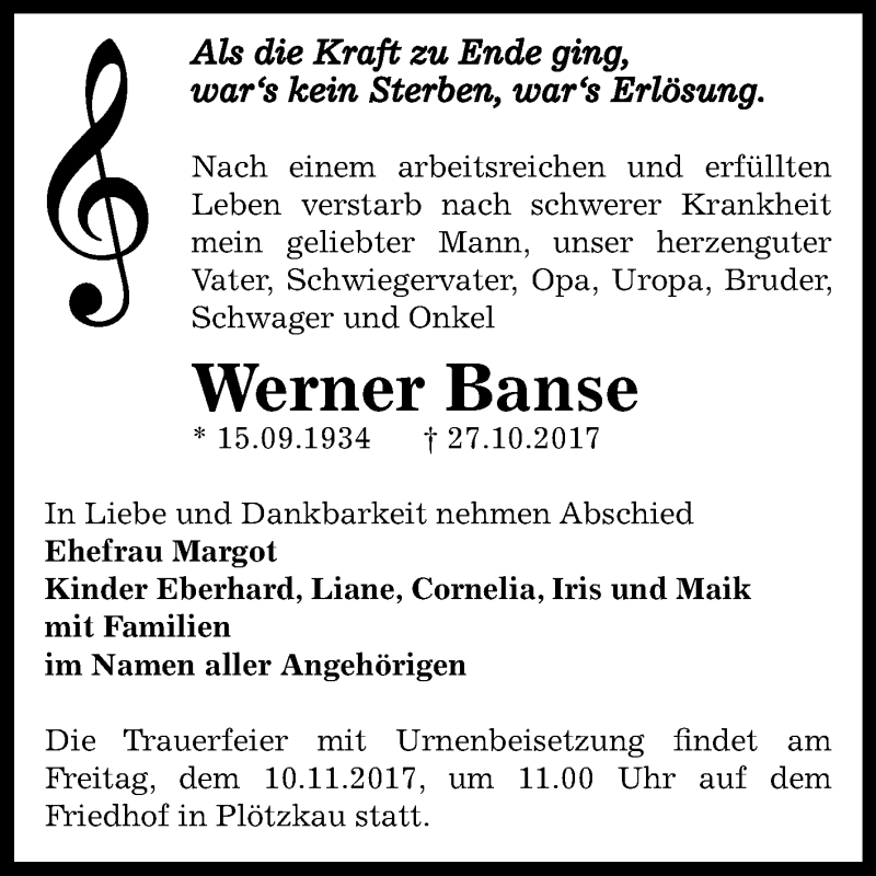  Traueranzeige für Werner Banse vom 04.11.2017 aus Mitteldeutsche Zeitung Bernburg
