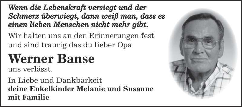  Traueranzeige für Werner Banse vom 04.11.2017 aus Super Sonntag Bernburg