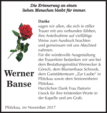 Traueranzeige von Werner Banse von Mitteldeutsche Zeitung Bernburg