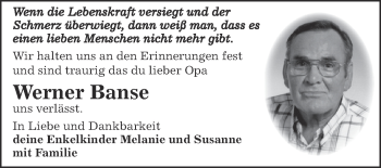 Traueranzeige von Werner Banse von Super Sonntag Bernburg