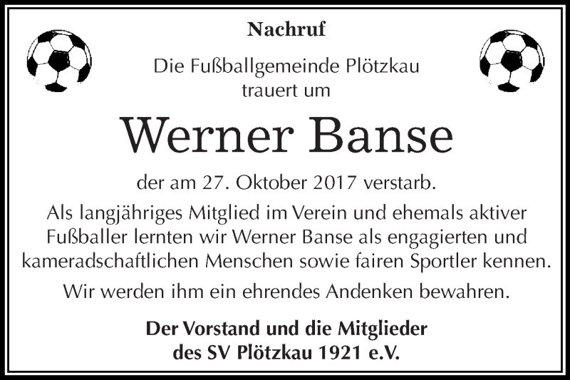  Traueranzeige für Werner Banse vom 18.11.2017 aus Super Sonntag Bernburg