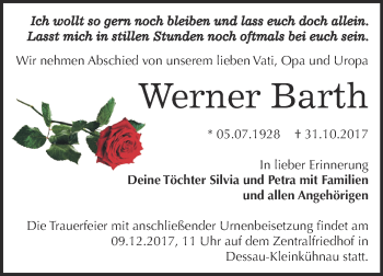 Traueranzeige von Werner Barth von WVG - Wochenspiegel Dessau / Köthen