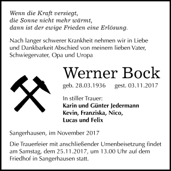 Traueranzeige von Werner Bock von Mitteldeutsche Zeitung Sangerhausen