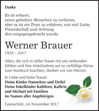 Traueranzeige von Werner Brauer von Mitteldeutsche Zeitung Weißenfels