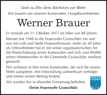 Traueranzeige von Werner Brauer von Mitteldeutsche Zeitung Weißenfels