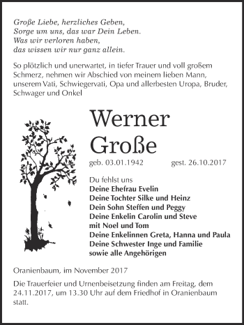 Traueranzeige von Werner Große von WVG - Wochenspiegel Wittenberg