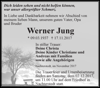 Traueranzeige von Werner Jung von Super Sonntag Aschersleben