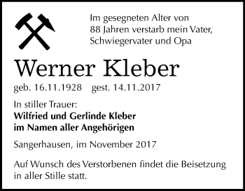 Traueranzeige von Werner Kleber von Mitteldeutsche Zeitung Sangerhausen