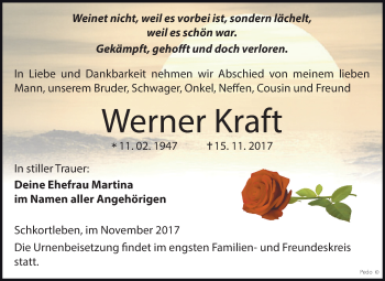 Traueranzeige von Werner Kraft von Mitteldeutsche Zeitung Weißenfels