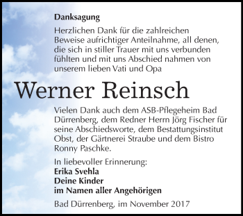 Traueranzeige von Werner Reinsch von Mitteldeutsche Zeitung Merseburg/Querfurt