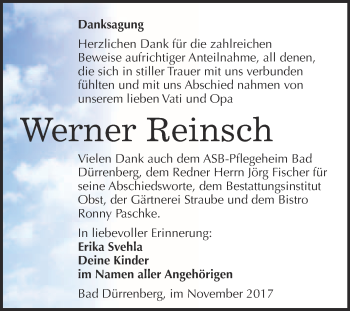 Traueranzeige von Werner Reinsch von Super Sonntag Merseburg