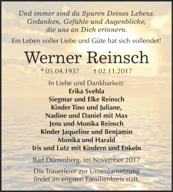 Traueranzeige von Werner Reinsch von Super Sonntag Merseburg