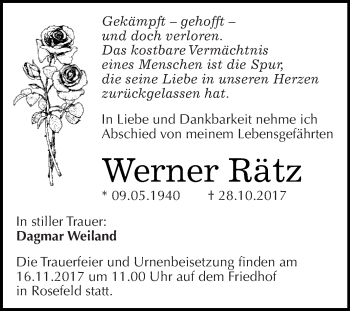 Traueranzeige von Werner Rätz von WVG - Wochenspiegel Dessau / Köthen