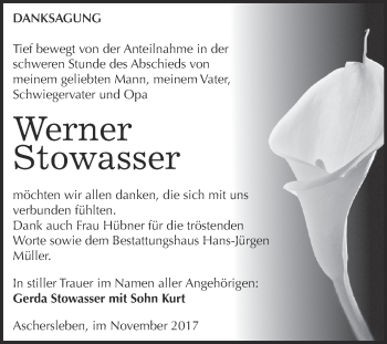 Traueranzeige von Werner Stowasser von Super Sonntag Aschersleben