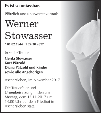 Traueranzeige von Werner Stowasser von Super Sonntag Aschersleben