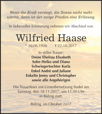 Traueranzeige von Wilfried Haase von Super Sonntag Wittenberg
