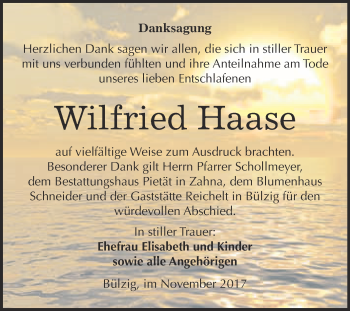 Traueranzeige von Wilfried Haase von Super Sonntag Wittenberg