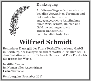 Traueranzeige von Wilfried Schmidt von Super Sonntag Bernburg