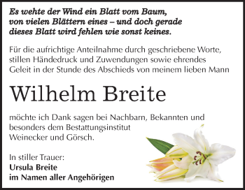 Traueranzeige von Wilhelm Breite von Mitteldeutsche Zeitung Bernburg