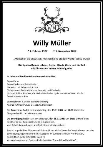 Traueranzeige von Willy Müller von Mitteldeutsche Zeitung Sangerhausen