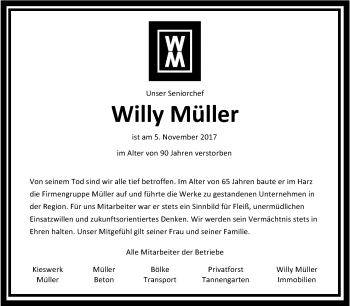 Traueranzeige von Willy Müller von Mitteldeutsche Zeitung Sangerhausen
