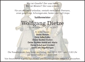 Traueranzeige von Wolfgang Dietze von Mitteldeutsche Zeitung Weißenfels