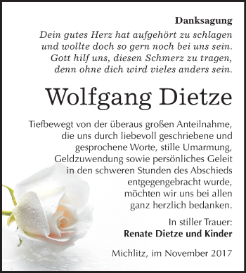 Traueranzeige von Wolfgang Dietze von Mitteldeutsche Zeitung Weißenfels