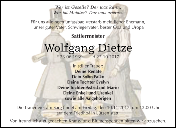 Traueranzeige von Wolfgang Dietze von WVG - Wochenspiegel NMB / WSF / ZTZ