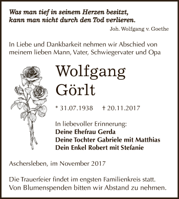 Traueranzeige von Wolfgang Görlt von Super Sonntag Aschersleben