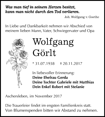 Traueranzeige von Wolfgang Görlt von Mitteldeutsche Zeitung Aschersleben