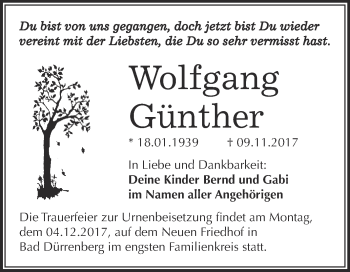 Traueranzeige von Wolfgang Günther von Super Sonntag Merseburg