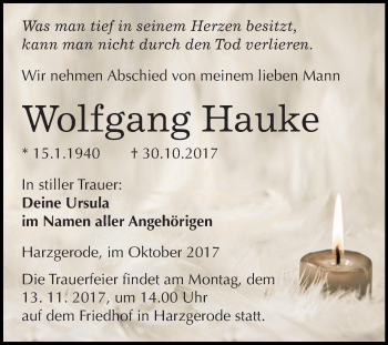 Traueranzeige von Wolfgang Hauke von Mitteldeutsche Zeitung Quedlinburg