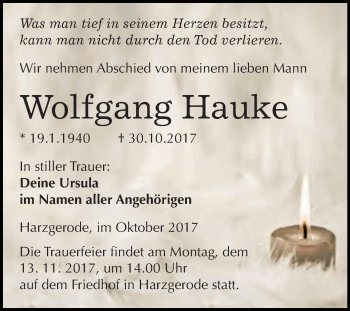 Traueranzeige von Wolfgang Hauke von WVG - Wochenspiegel Quedlinburg