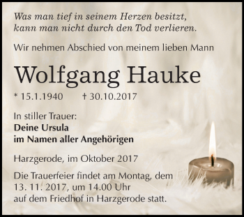 Traueranzeige von Wolfgang Hauke von Mitteldeutsche Zeitung Quedlinburg