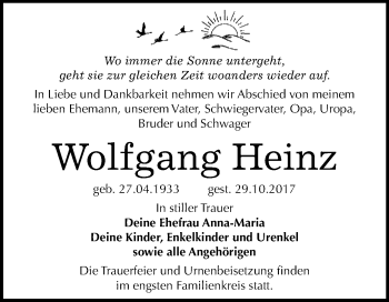 Traueranzeige von Wolfgang Heinz von WVG - Wochenspiegel Bitterfeld