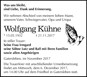 Traueranzeige von Wolfgang Kühne von Mitteldeutsche Zeitung Aschersleben