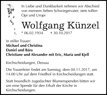 Traueranzeige von Wolfgang Künzel von Mitteldeutsche Zeitung