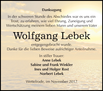 Traueranzeige von Wolfgang Lebek von Super Sonntag SGH Mansf. Land
