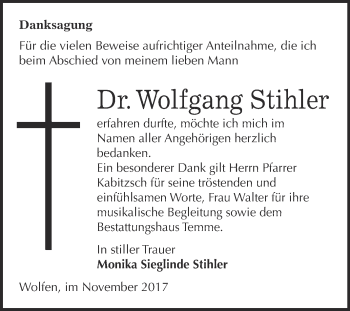 Traueranzeige von Wolfgang Stihler von WVG - Wochenspiegel Bitterfeld
