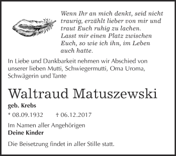 Traueranzeige von Waltraud Matuszewski von WVG - Wochenspiegel Bitterfeld