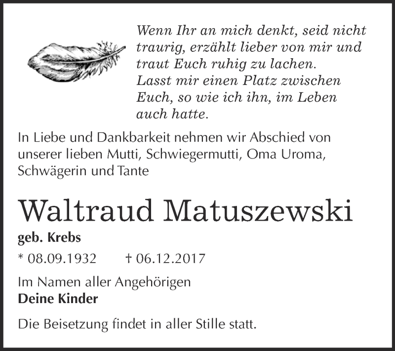  Traueranzeige für Waltraud Matuszewski vom 13.12.2017 aus WVG - Wochenspiegel Bitterfeld