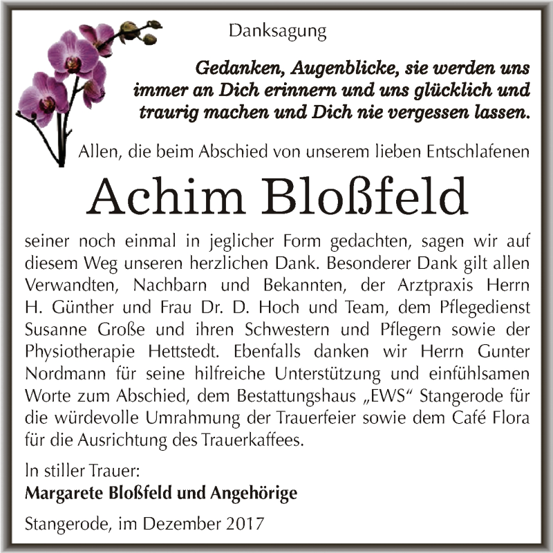  Traueranzeige für Achim Bloßfeld vom 20.12.2017 aus Wochenspiegel Mansfelder Land