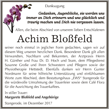 Traueranzeige von Achim Bloßfeld von Wochenspiegel Mansfelder Land