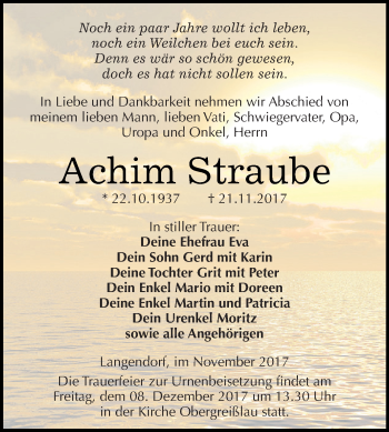 Traueranzeige von Achim Straube von WVG - Wochenspiegel NMB / WSF / ZTZ